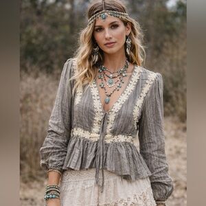 Bohemian Gray Blouse with Lace Trim